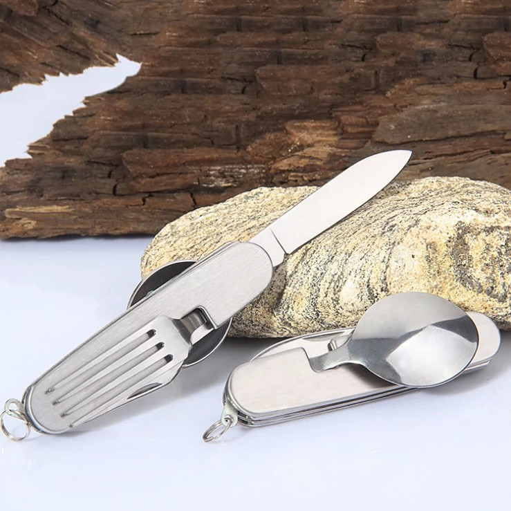 Kit Mini Talheres Dobráveis Camping Faca Garfo Colher Canivete