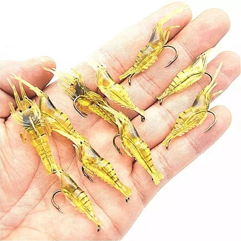 Kit Com 10 Iscas Artificiais Camarão Aromatizado De Silicone Com Anzol de 4 cms e 1,2 gramas Tucunaré Traíra Curvina Robalo mar Rio