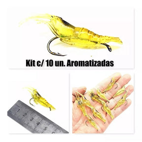 Kit Com 10 Iscas Artificiais Camarão Aromatizado De Silicone Com Anzol de 4 cms e 1,2 gramas Tucunaré Traíra Curvina Robalo mar Rio