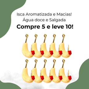 Kit 10 Iscas Macias de Minhoca Plástica com Anzol - Compre 5 Leve 10