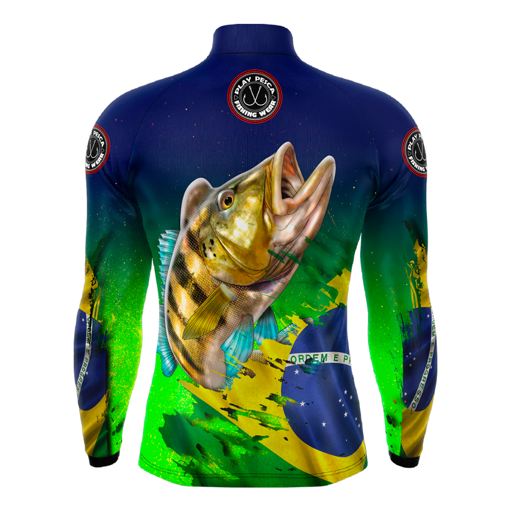 Camisa Blusa de Pesca Tucunaré Brasil Azul com Proteção Solar UV50+ DryFit Pescaria