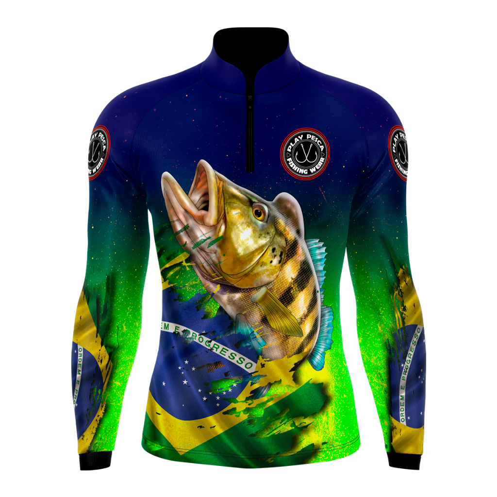 Camisa Blusa de Pesca Tucunaré Brasil Azul com Proteção Solar UV50+ DryFit Pescaria